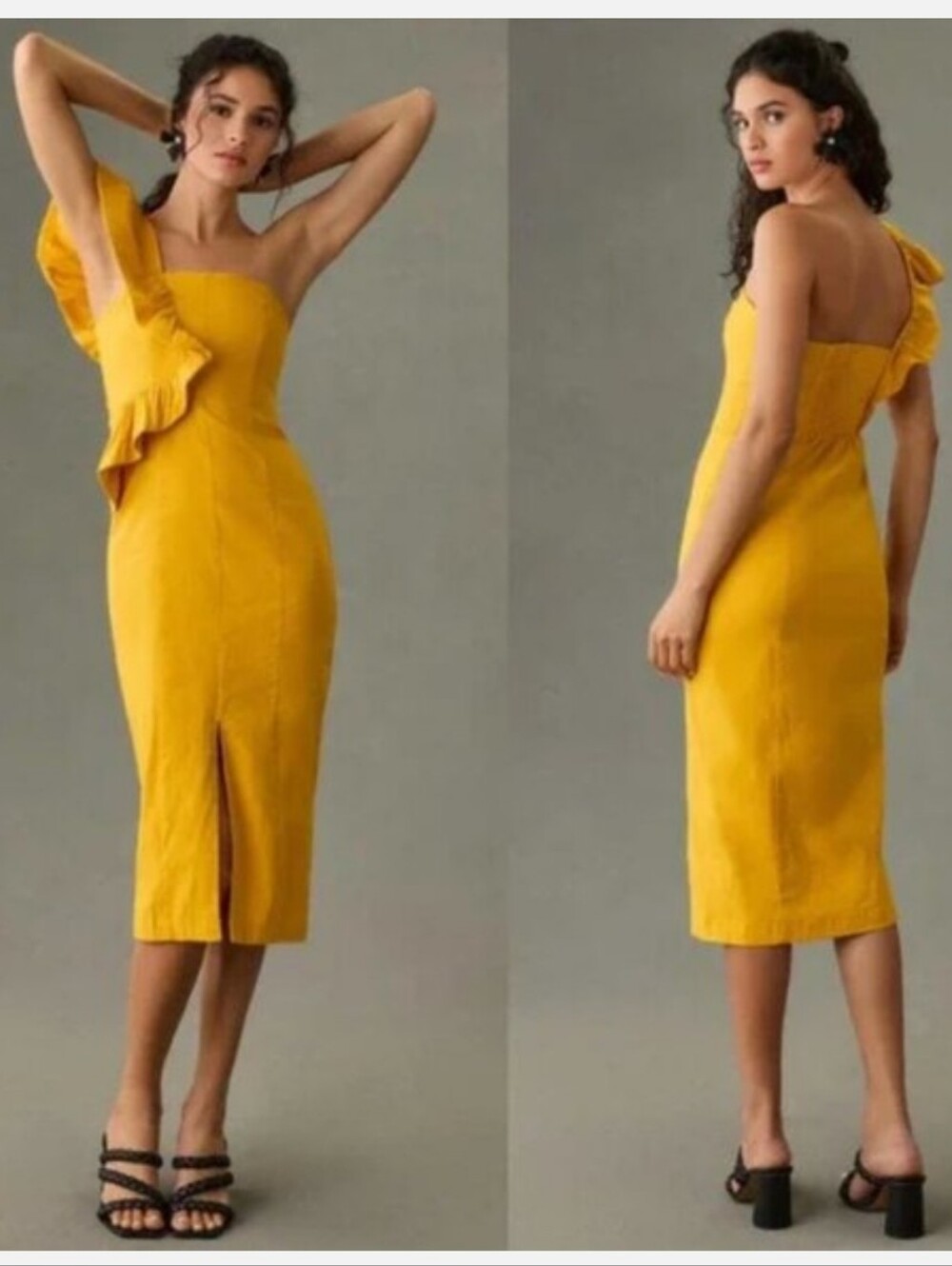 Anthropologie Ruffle One Shoulder Slim Midi Dress Yellow XLP Magic Fabric